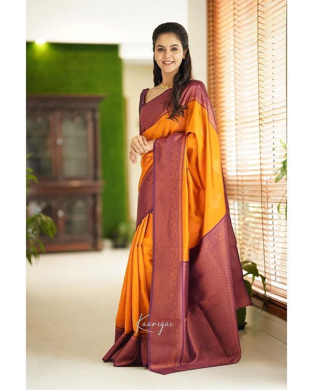 Yellow Kadwa Weave Lichi Silk Saree for Women