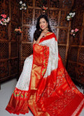 ikkat white saree with red border