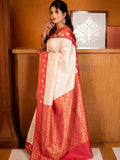 Red & White Soft Lichi Silk Saree For Puja