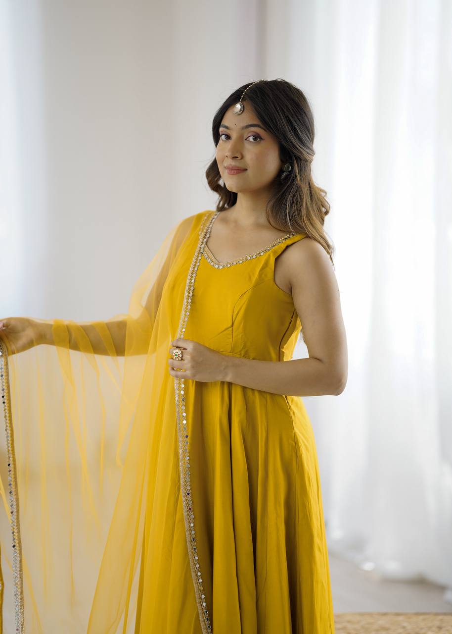 Kishika Yellow Color Anarkali Suit Set [Sleeves Fabric Attached]