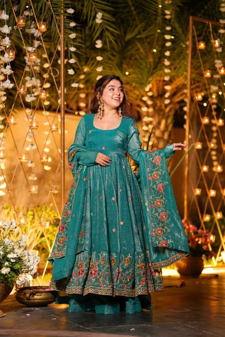 Beige Shades Crunchy Silk Anarkali Plazo Suit Set