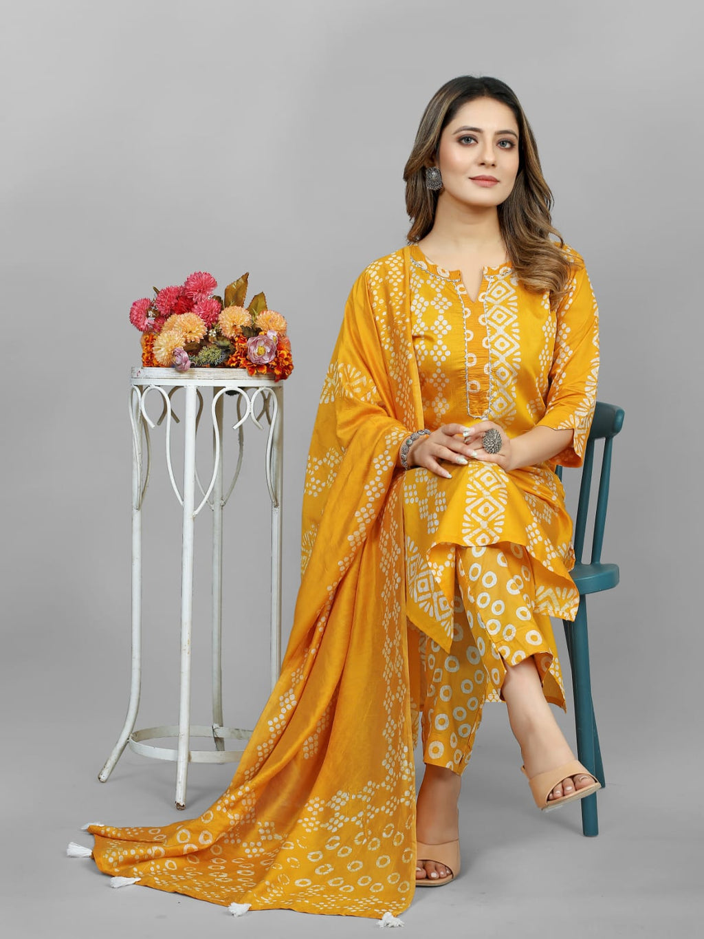 Hand Blocked Batik  Kurti Pant Dupatta Set (Stitched)