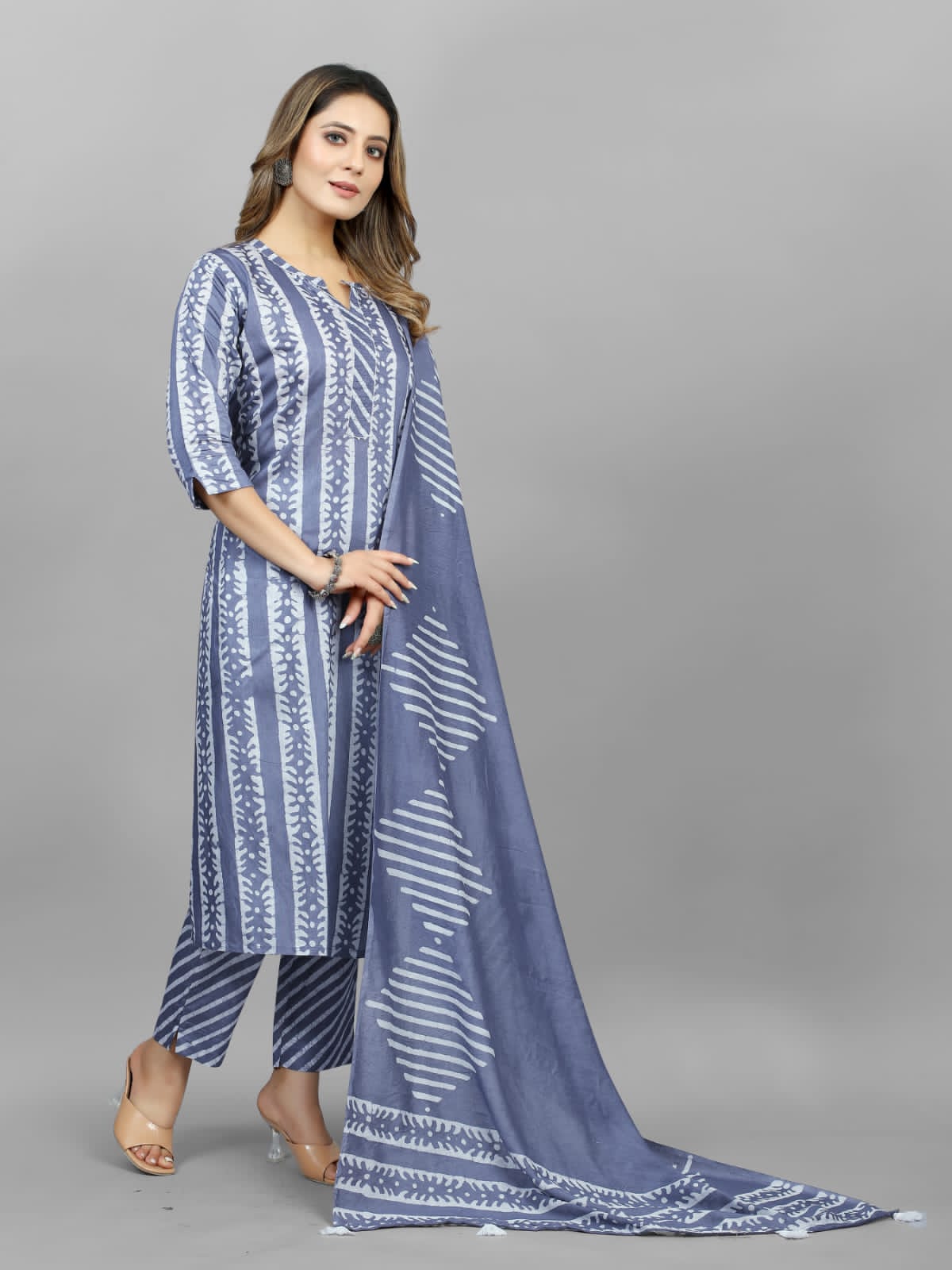 Hand Blocked Batik  Kurti Pant Dupatta Set (Stitched)