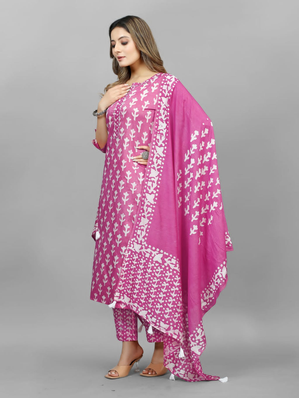 Hand Blocked Batik  Kurti Pant Dupatta Set (Stitched)
